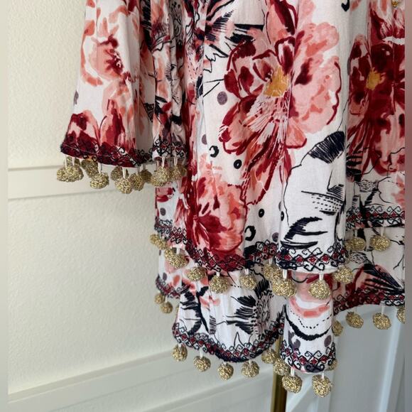 Soft Surroundings Boho Rosada Layered Blouse Floral Print PomPom Trim Size Small - Picture 10 of 10